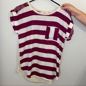 womens purple/cream striped tshirt + floral print.